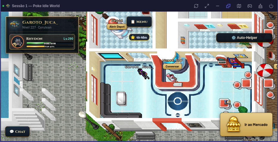 Poke Idle World com o addon Better UI: menu minimizado, chat compacto e interface limpa