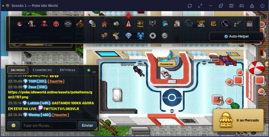 Poke Idle World sem addons: barra de ícones cheia e chat sobrepondo a área de jogo