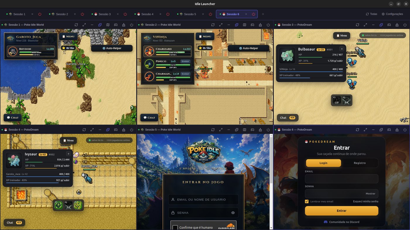 Idle Launcher aberto no desktop com 6 sessões simultâneas: Poke Idle World e PokeDream rodando lado a lado na mesma janela