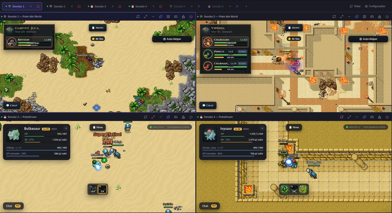 Grade do Idle Launcher com sessões de Poke Idle World e PokeDream rodando lado a lado